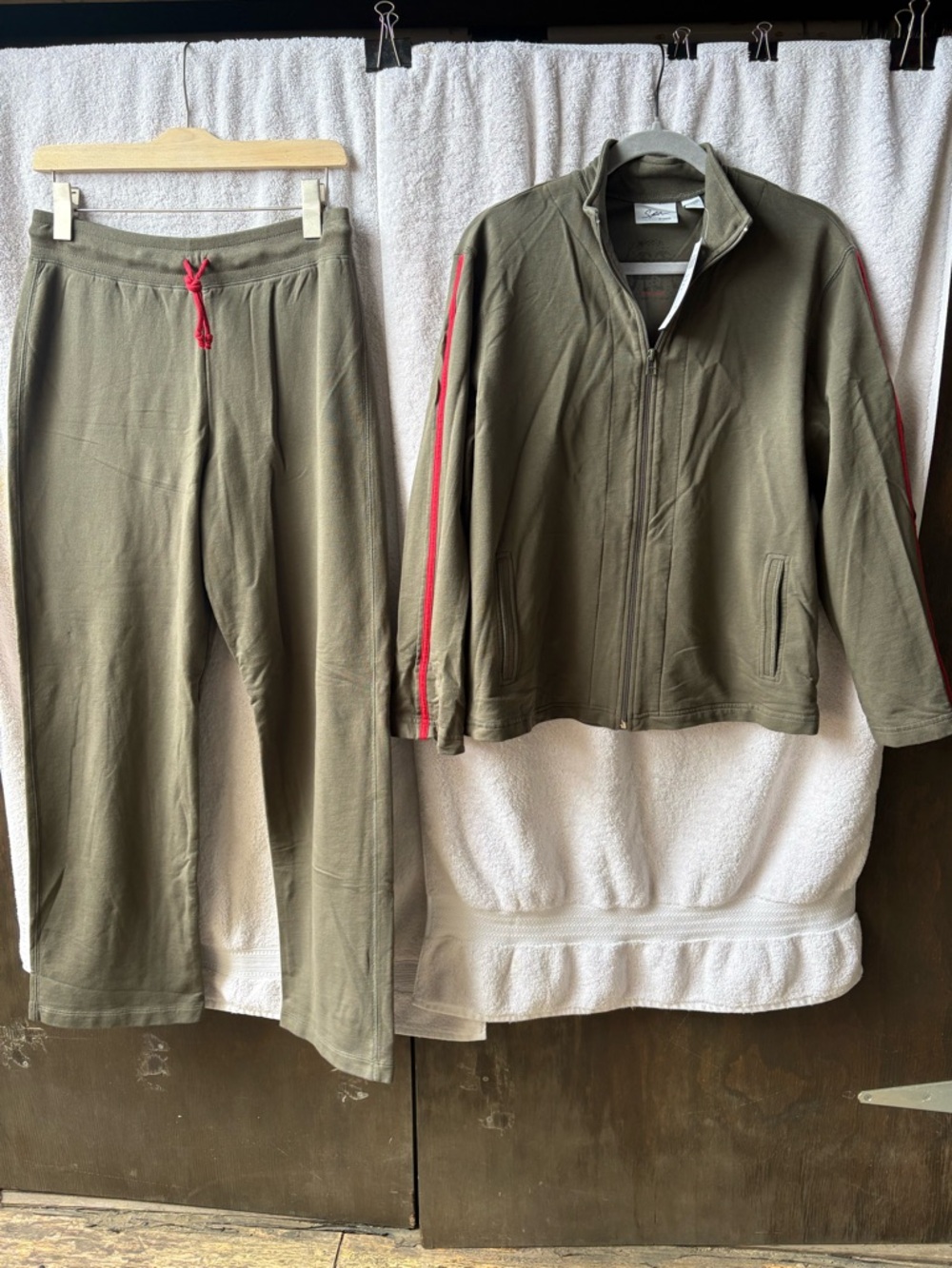Retro Spa by Chico's Olive Green and Red Tracksuit for Casual Style